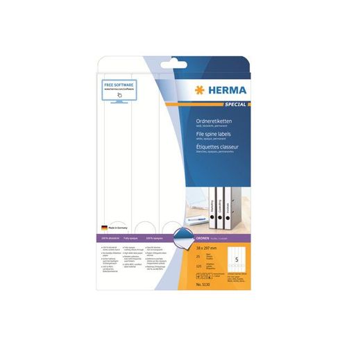 HERMA Special - Étiquettes en papier opaques mates autocollantes permanentes pour dossiers - blanc - 38 x 297 mm 125 étiquette(s) ( 25 feuille(s) x 5 )