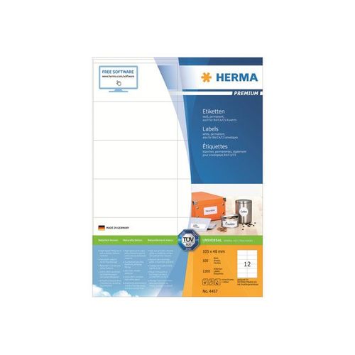 HERMA Premium - Étiquettes en papier plastifiées mates autocollantes permanentes - blanc - 105 x 48 mm 1200 étiquette(s) ( 100 feuille(s) x 12 )