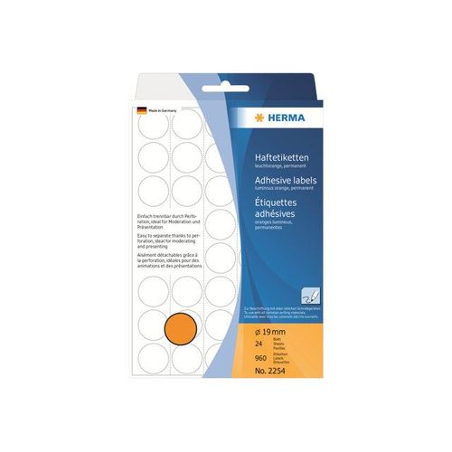 HERMA - Étiquettes papier adhésives permanentes mates - orange lumineux - diamètre 19 mm 960 étiquette(s) ( 24 feuille(s) x 40 )