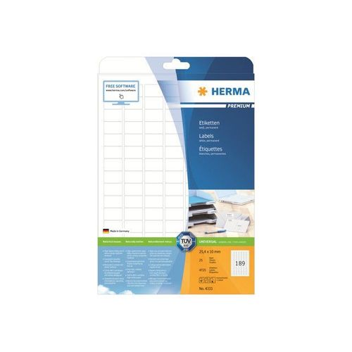 HERMA Premium - Étiquettes en papier plastifiées mates autocollantes permanentes - blanc - 25.4 x 10 mm 4725 étiquette(s) ( 25 feuille(s) x 189 )