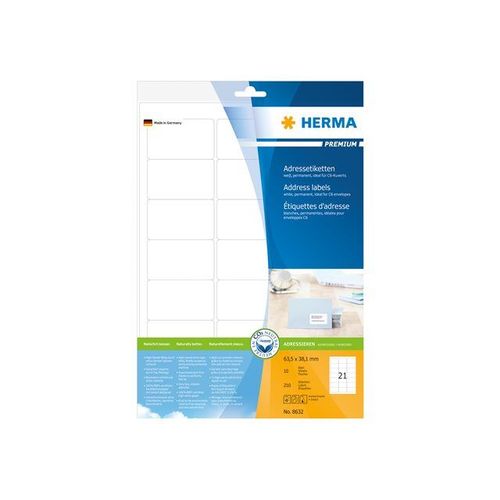 HERMA Premium - Étiquettes d'adresse en papier plastifiées mates autocollantes permanentes - blanc - 63.5 x 38.1 mm 210 étiquette(s) ( 10 feuille(s) x 21 )
