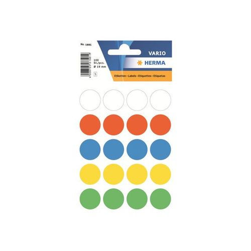 Herma - Étiquettes En Papier Autocollantes - Couleurs Assorties - Diamètre 19 Mm 100 Étiquette(S) ( 5 Feuille(S) X 20 )