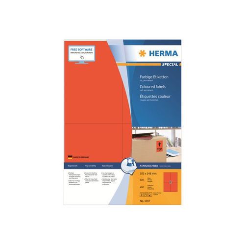 HERMA Special - Étiquettes en papier mates autocollantes permanentes - rouge - A6 (105 x 148 mm) 400 étiquette(s) ( 100 feuille(s) x 4 )