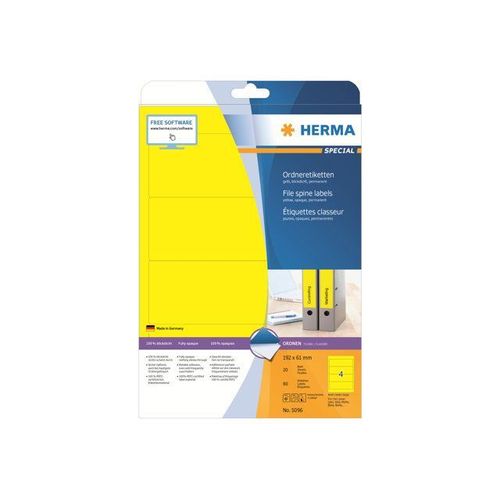 HERMA Special - Étiquettes en papier opaques mates autocollantes permanentes pour dossiers - jaune - 192 x 61 mm 80 étiquette(s) ( 20 feuille(s) x 4 )
