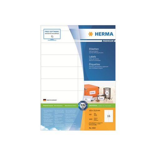 HERMA Premium - Étiquettes en papier plastifiées mates autocollantes permanentes - blanc - 105 x 33.8 mm 1600 étiquette(s) ( 100 feuille(s) x 16 )