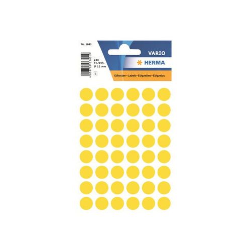 Étiquettes en papier autocollantes jaune diamètre 12 mm - 240 étiquettes ( 5 feuilles x 48 )