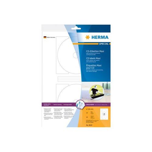 HERMA Special Maxi - Étiquettes de CD/DVD en papier opaques mates autocollantes permanentes - blanc - diamètre 116 mm 20 étiquette(s) ( 10 feuille(s) x 2 )