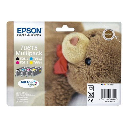 Epson Multipack T0615 - Pack de 4 - 32 ml - noir, jaune, cyan, magenta - originale - emballage coque avec alarme radioélectrique/ acoustique - cartouche d'encre - pour Stylus D68, D88, DX3800...
