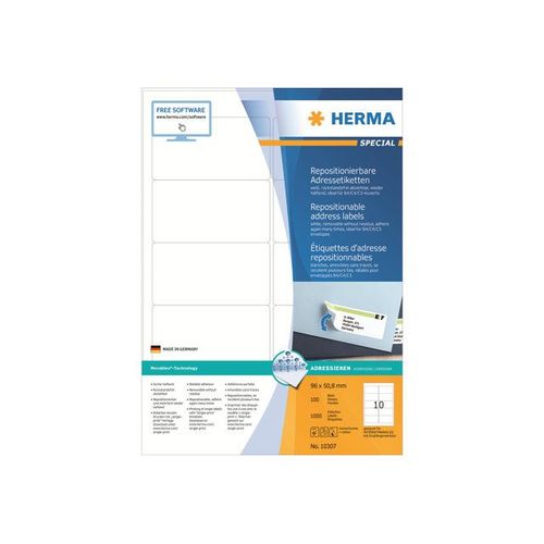 HERMA Special - Étiquettes en papier d'adresse mat autocollant repositionnable - blanc - 96 x 50.8 mm 1000 étiquette(s) ( 100 feuille(s) x 10 )