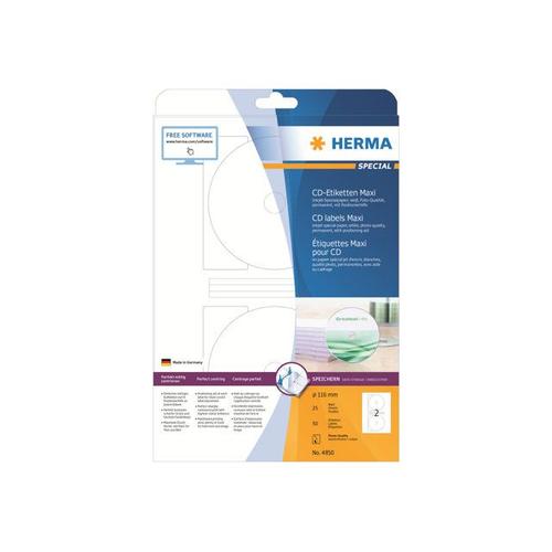 HERMA Special Maxi - Étiquettes en papier pour CD/DVD couché mat autocollant permanent - blanc - diamètre 116 mm - 90 g/m² - 50 étiquette(s) ( 25 feuille(s) x 2 )