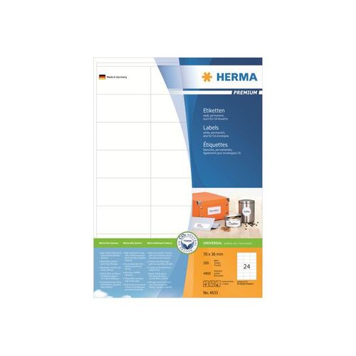 HERMA Premium - Étiquettes en papier plastifiées mates autocollantes permanentes - blanc - 70 x 36 mm 4800 étiquette(s) ( 200 feuille(s) x 24 )