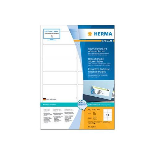 HERMA Special - Étiquettes en papier d'adresse mat autocollant repositionnable - blanc - 99.1 x 38.1 mm 1400 étiquette(s) ( 100 feuille(s) x 14 )