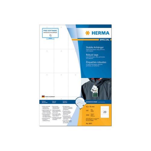 HERMA Robust Tags - Étiquettes perforées non adhésives - blanc - 42 x 70 mm 2000 étiquette(s) ( 100 feuille(s) x 20 )