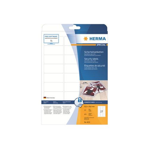 HERMA Special - Étiquettes en film de sécurité/étanchéité mat autocollant permanent - blanc - 63.5 x 29.6 mm 675 étiquette(s) ( 25 feuille(s) x 27 )