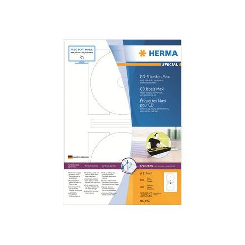 HERMA Special Maxi - Étiquettes de CD/DVD en papier opaques mates autocollantes permanentes - blanc - diamètre 116 mm 200 étiquette(s) ( 100 feuille(s) x 2 )