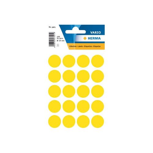 Herma - Étiquettes En Papier Autocollantes - Jaune - Diamètre 19 Mm 100 Étiquette(S) ( 5 Feuille(S) X 20 )