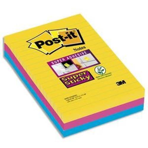 Post-It Lot De 3 Blocs 90 Feuilles Super Sticky Rio Lignées 101x152mm, Jaune Néon, Fuchsia, Méditerranée