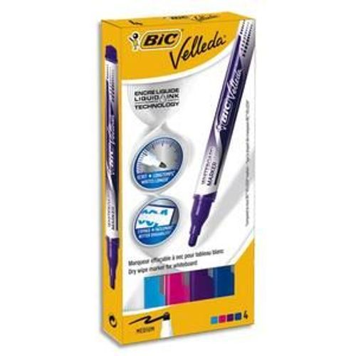 Bic Pochette 4 Feutres Velleda Liquid Ink Ogive 4,5mm. Couleur : Violet, Bleu Foncé, Bleu Turquoise, Rose