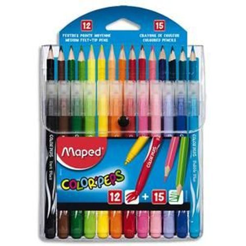 Maped Pochette De 12 Feutres Long Life + 15 Crayons De Couleur Color Peps