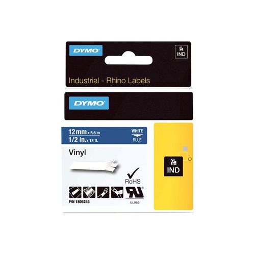DYMO Rhino Coloured Vinyl - Bande vinyle - blanc sur bleu - Rouleau (1,2 cm x 5,5 m) 1 rouleau(x) - pour DYMO ILP219; Rhino 1000, 4200, 5000, 5200, 6000; RhinoPRO 1000, 3000, 5000, 6000, 6500