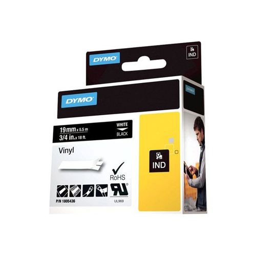 DYMO Rhino Coloured Vinyl - Bande vinyle adhésive permanente - blanc sur noir - Roll (1.9 cm x 5.5 m) 1 rouleau(x) - pour DYMO ILP219; Rhino 4200, 5000, 5200, 6000, 6500; RhinoPRO 3000, 5000...