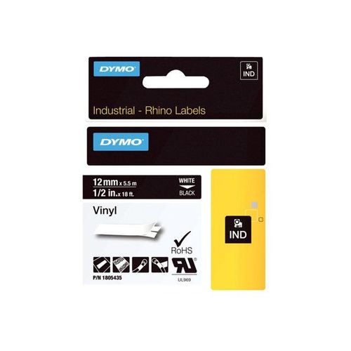 DYMO Rhino Coloured Vinyl - Bande vinyle adhésive permanente - blanc sur noir - Rouleau (1,2 cm x 5,5 m) 1 rouleau(x) - pour DYMO ILP219; Rhino 4200, 5000, 5200, 6000, 6500; RhinoPRO 3000, 5000...
