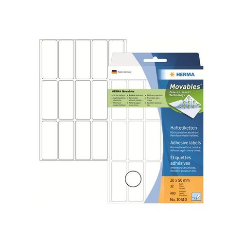 HERMA Movables - Étiquettes mates amovibles autocollantes - blanc - 20 x 50 mm 480 étiquette(s) ( 32 feuille(s) x 15 )