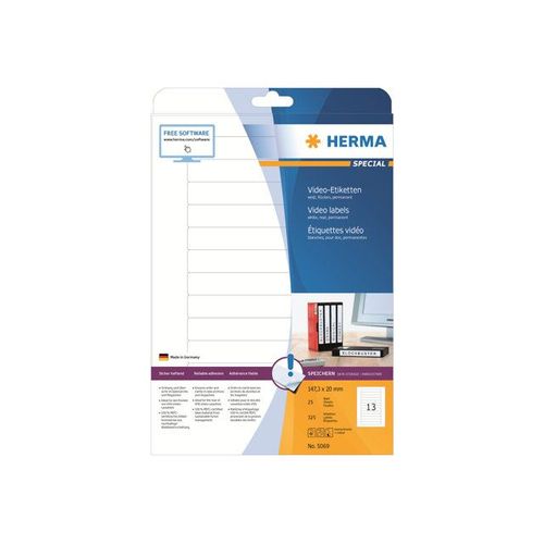 HERMA Special - Étquettes en papier pour cassette vidéo mat autocolllant permanent - blanc - 147,3 x 20 mm 325 étiquette(s) ( 25 feuille(s) x 13 )