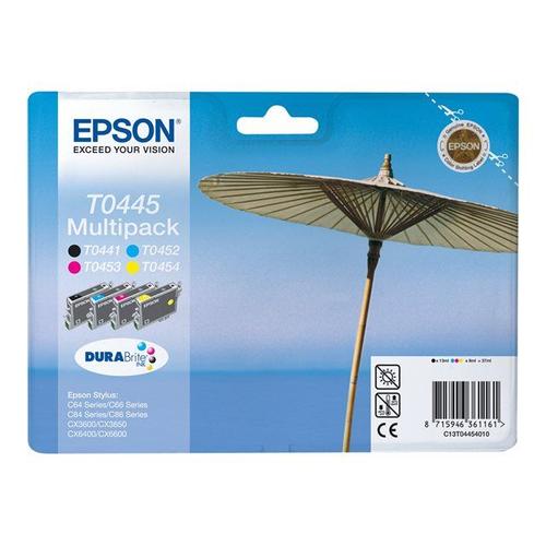 Epson Multipack T0445 - Pack de 4 - noir, jaune, cyan, magenta - originale - emballage coque avec alarme radioélectrique/ acoustique - cartouche d'encre - pour Stylus C64, C66, C84, C84N...