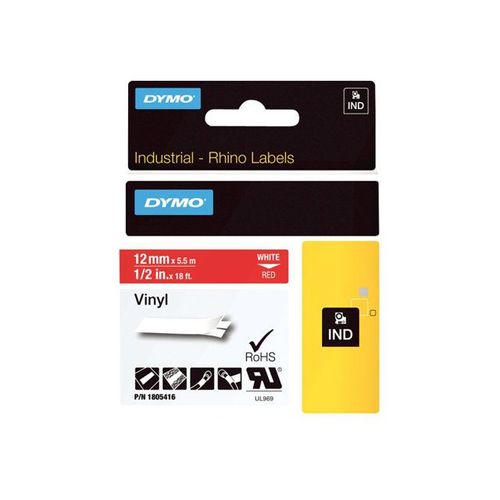 DYMO Rhino - Bande vinyle adhésive permanente - blanc sur rouge - Rouleau (1,2 cm x 5,5 m) 1 rouleau(x) - pour Rhino 4200, 5000, 5200, 6000, 6500; RhinoPRO 3000