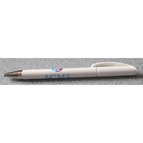 Stylo À Bille Corps Plastique Blanc Prodia Pointe Argentée Et Ligne Élégante - Avec Logo Et Inscription A C M S - Écriture Noire (Tourner La Partie Basse Pour Faire Sortir La Mine)