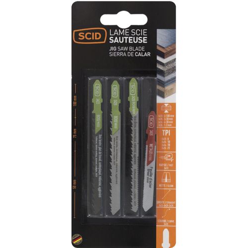 Assortiment 4 lames de scie sauteuse accroche en T SCID - Chrome vanadium et HSS