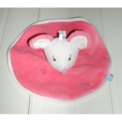 Doudou Douceur Plat Rond Sucre D'orge Petite Souris Rose Bordure Blanche
