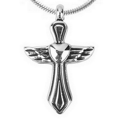 Bijou Cinéraire Collier Avec Pendentif Crucifix / Croix En Ailes D'ange + Coeur Sacré - Fiole À Eau Bénite Ou Urne Funéraire À Cendres - Mémorial Crémation Souvenir - Métal Argenté