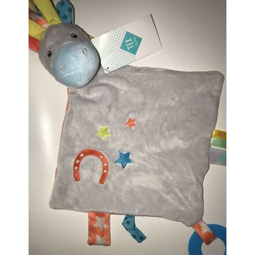 Doudou Cheval Gris Clair Bleu Etoiles Fer A Cheval Orange Anneau Rond Dentaire Bleu Etiquettes Peluche Jouet Eveil Bebe Tex Baby 