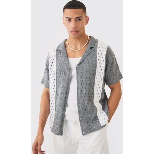 Oversized Boxy Open Stitch Stripe Knit Shirt In Charcoal Homme - Gris - S, Gris