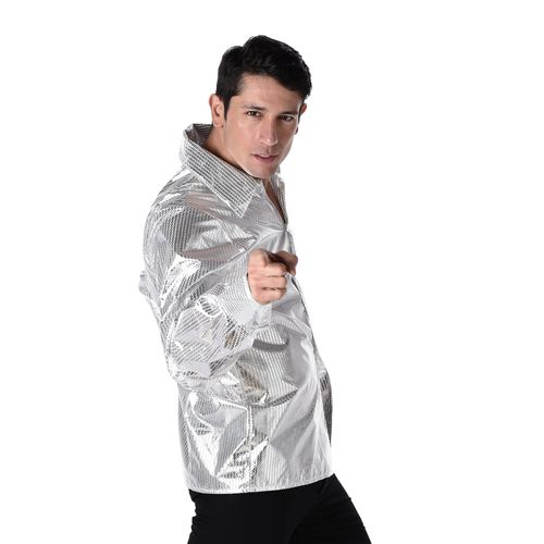 Chemise Disco Brillante Argent Homme Medium