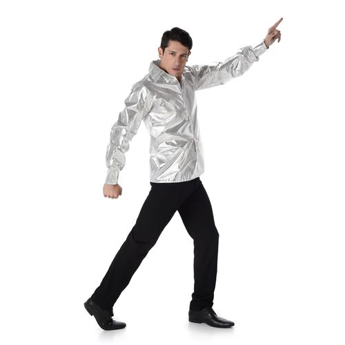 Chemise Disco Brillante Argent Homme Xl