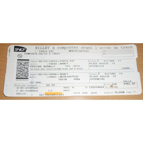 Billet Sncf Tgv Paris Est Neufchateau 2513 Marque Page 