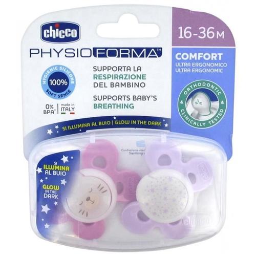 Sucettes Orthodontiques En Silicone - Chicco - Physio Comfort Night - Rose - 16 Mois+