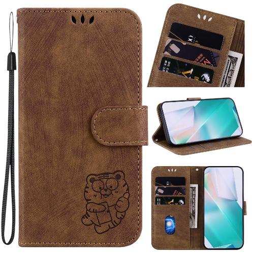 Étui Pour Tecno Phantom X Étui Portefeuille Tigre Mignon En Relief Flip Folio Housse De Support Carte De Poche - Le Brun