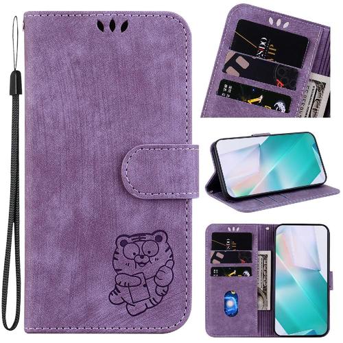 Étui Pour Tecno Phantom X Étui Portefeuille Housse De Support Flip Folio Tigre Mignon En Relief Carte De Poche - Violet