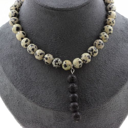 Collier Perles Jaspe Dalmatien 8 Mm + 5 Perles Lave 8 Mm. Chaine En Collier Femmes, Hommes. Taille Personnalisable.