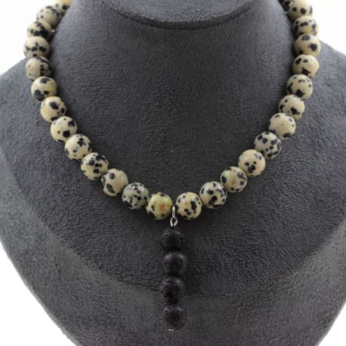 Collier Perles Jaspe Dalmatien 8 Mm + 4 Perles Lave 8 Mm. Chaine En Collier Femmes, Hommes. Taille Personnalisable.