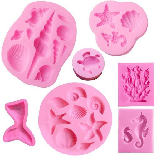 7 pièces Moules Silicone Moule Sirène Moule Coquillage DIY Moules Moulle Coquillage Decoration Silicone Fondant Moule Moule Bonbon Moulle Silicone Patisserie pour Cupcakes Chocolats