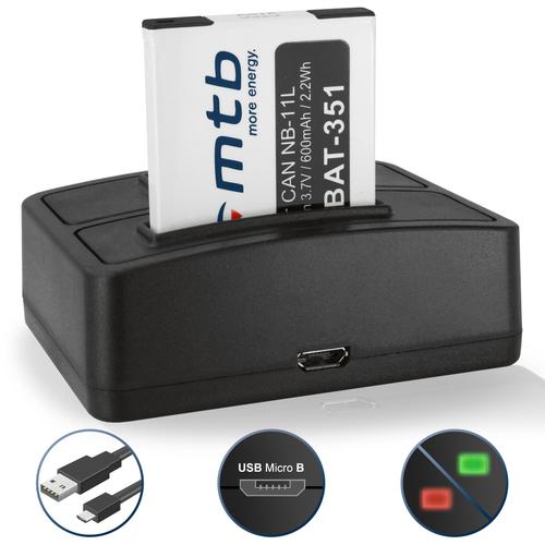 Batterie + Double Chargeur (USB) pour NB-11L NB-11LH / Canon IXUS 125 HS, 127 HS, 130, 132, 133, 135, 137, 140, 145, 147, 150, 155, 160, 165, 170, 175, 180, 185, 190, 240 HS, 245 HS, 265 HS, 275 HS, 285, 320 HS