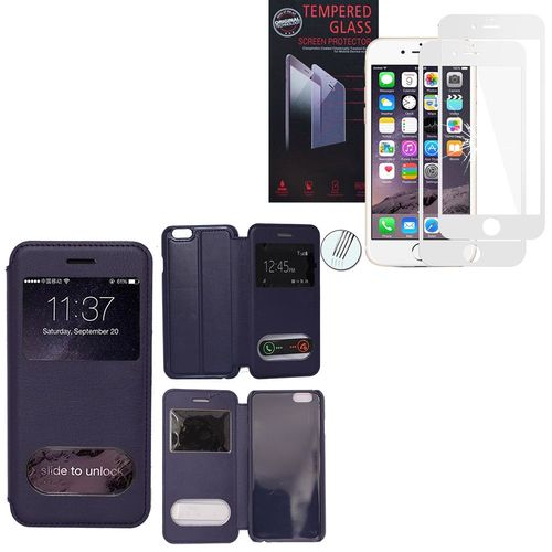 Etui S-View Pour Apple Iphone 6 Plus/ 6s Plus - Bleu Fonce + 2 Films Verre Trempé - Blanc