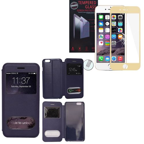 Etui S-View Pour Apple Iphone 6 Plus/ 6s Plus - Bleu Fonce + 1 Film Verre Trempé - Or (Gold)