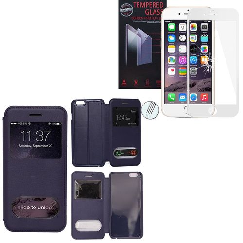 Etui S-View Pour Apple Iphone 6 Plus/ 6s Plus - Bleu Fonce + 1 Film Verre Trempé - Blanc