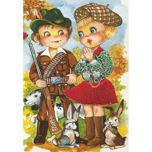 Carte Postale Moderne " Brodée " : Petit Garçon Déguisé En Chasseur & Fillette Portant Une Jupette Rouge & Un Béret & 1 Chien & 2 Lapins